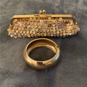 Gold Sequin Clutch and Braclet